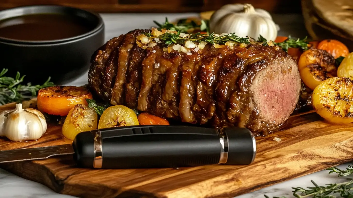 Perfectly cooked bottom round roast with roasted vegetables, sliced on a wooden cutting board.