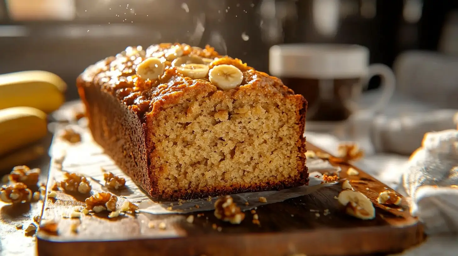 Freshly baked banana bread sliced on a wooden cutting board with ripe bananas and walnuts, placed on a rustic kitchen counter.
