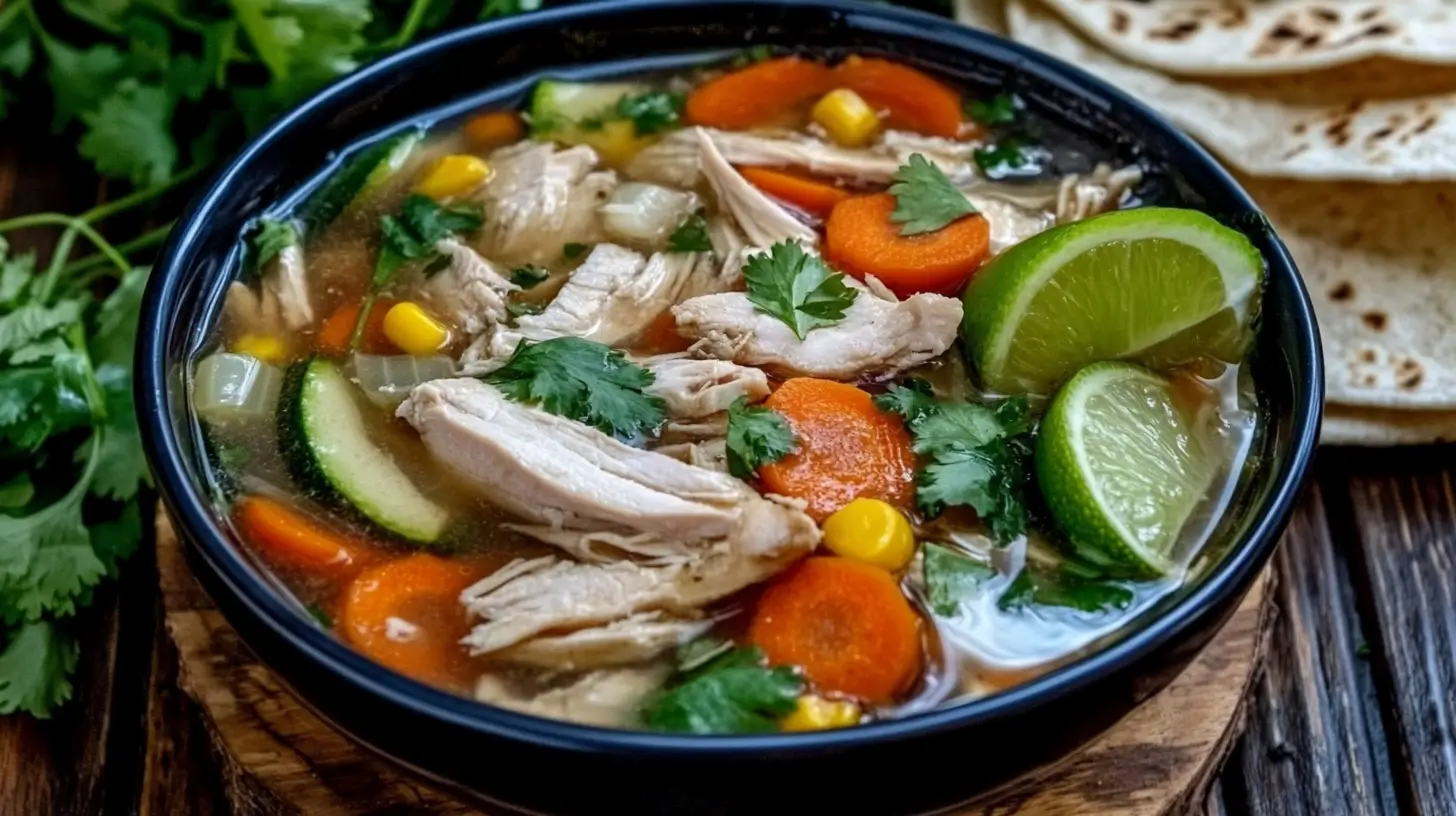 A comforting bowl of caldo de pollo with chicken, vegetables, lime wedges, and tortillas, served on a rustic wooden table.