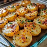 Crispy baked garlic butter potatoes on a parchment-lined baking sheet with fresh parsley garnish