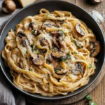 Caramelized Leek And Mushroom Gruyere Pasta served in a white bowl, garnished with parsley and freshly cracked black pepper.