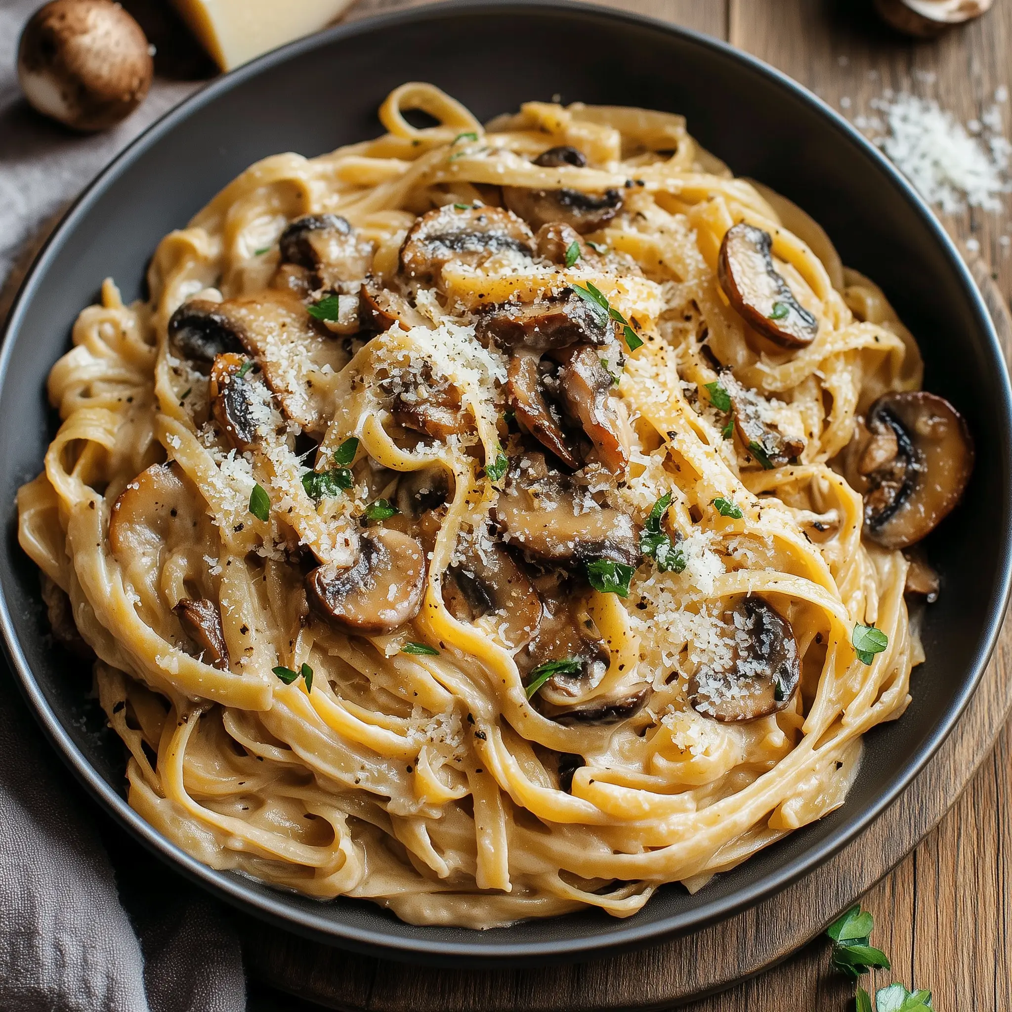 Caramelized Leek And Mushroom Gruyere Pasta served in a white bowl, garnished with parsley and freshly cracked black pepper.