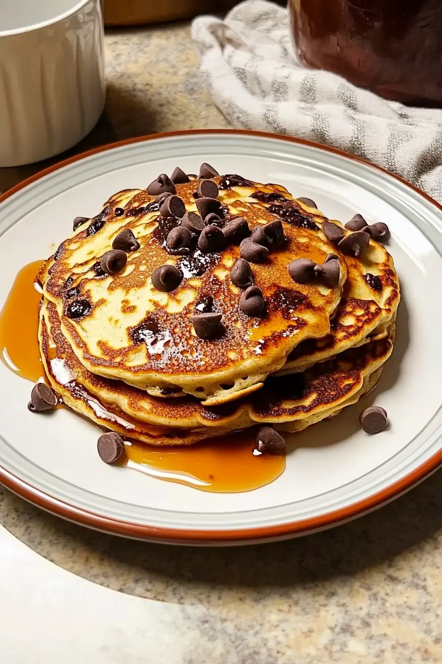 Fluffy chocolate chip pancakes stacked high with melted chocolate and a pat of butter on top