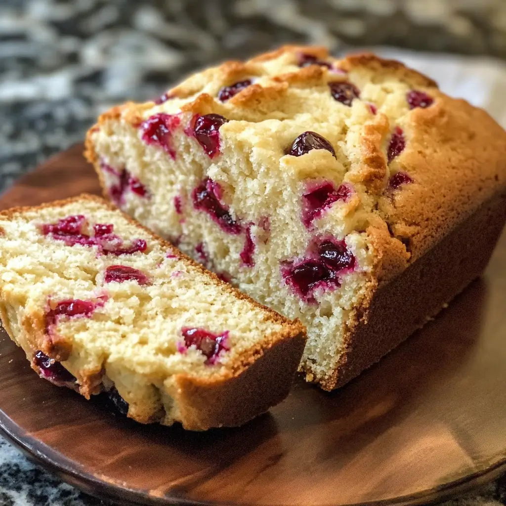 Freshly baked Cream Cheese Cranberry Loaf with swirled cream cheese and juicy cranberries