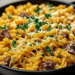 One-Pot Beef Cheddar Ranch Pasta with creamy cheddar sauce and fresh parsley in a skillet
