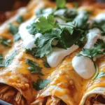 Chicken Enchiladas topped with melted cheese, fresh cilantro, and a drizzle of creamy sauce.