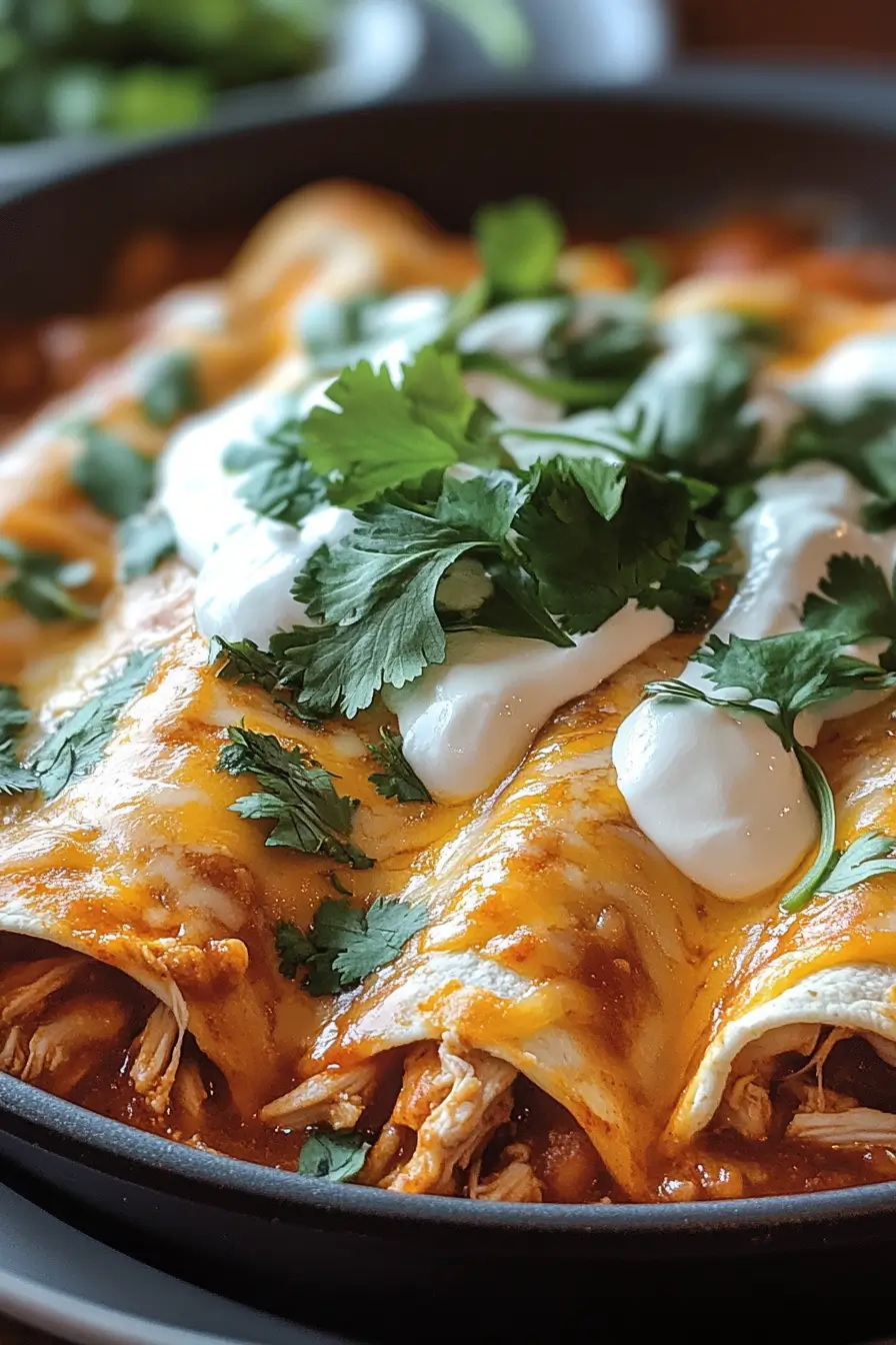 Chicken Enchiladas topped with melted cheese, fresh cilantro, and a drizzle of creamy sauce.
