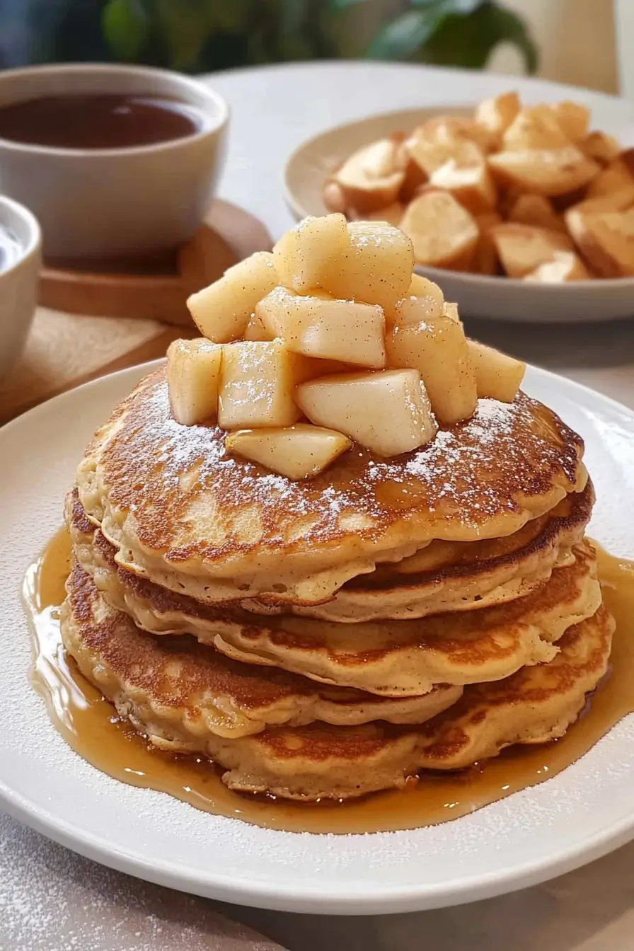 Stack of fluffy apple pancakes topped with warm cinnamon apple compote and maple syrup