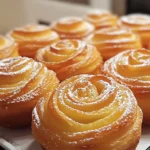 Flaky, golden-brown Cruffins dusted with powdered sugar, stacked on a white plate.