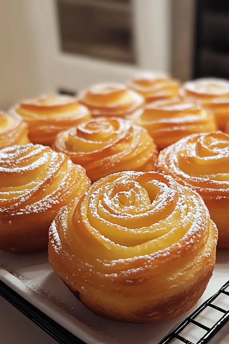 Flaky, golden-brown Cruffins dusted with powdered sugar, stacked on a white plate.