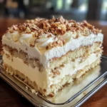 Italian Cream Sheet Cake topped with cream cheese frosting, toasted coconut, and chopped pecans on a rustic serving tray