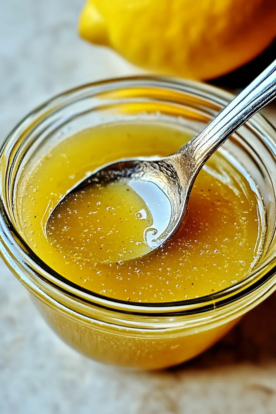 Homemade lemon vinaigrette in a glass jar with fresh lemons, garlic, and herbs on a wooden table.