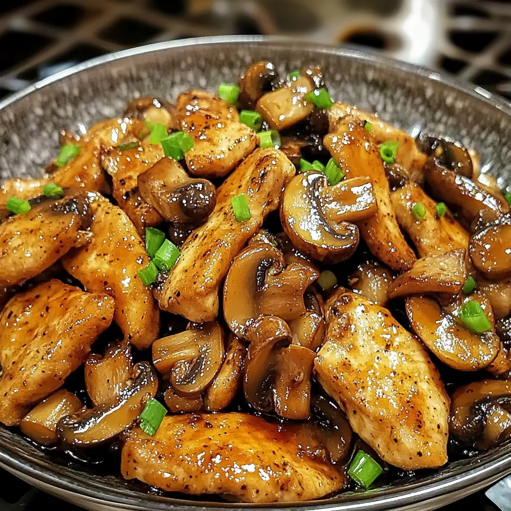 Stir-fried Black Pepper Chicken with Mushrooms in a glossy sauce, served over steaming white rice in a dark bowl with green onion garnish.
