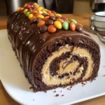Chocolate & Peanut Butter Dream Roll sliced on a plate with creamy layers and chocolate drizzle