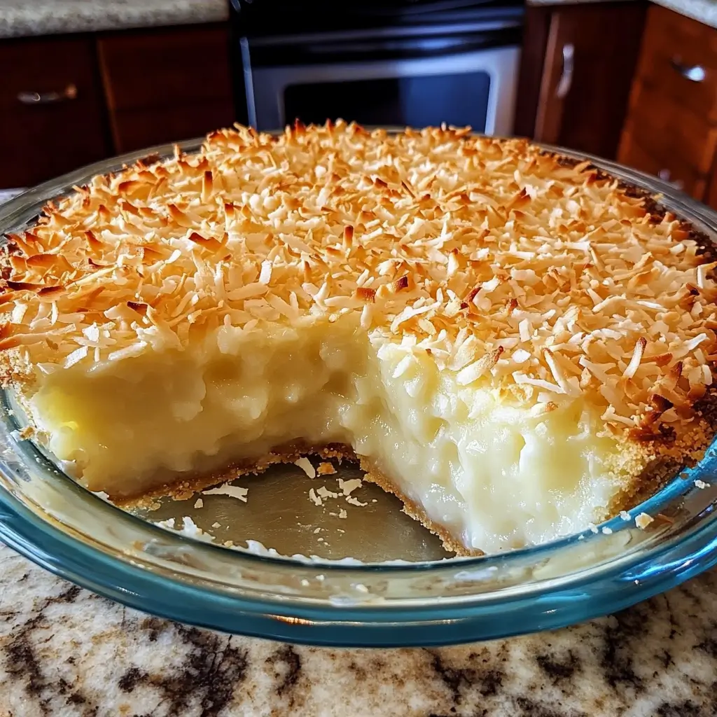 Golden-brown crustless coconut pie with a custard center and toasted coconut topping in a round pie dish.