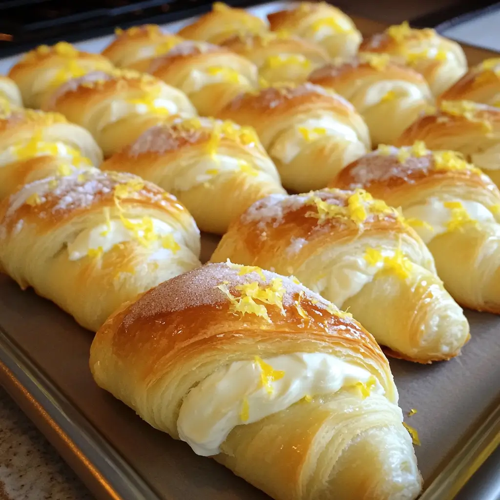 Lemon Cream Cheese Crescent Rolls golden and flaky, filled with creamy lemon filling and dusted with powdered sugar on a white serving plate.