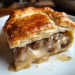 Sausage Gravy Puff Pie with golden flaky crust, creamy sausage filling, and fresh herbs on a white plate.