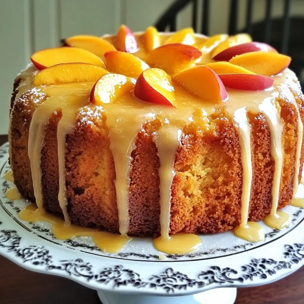 Southern Peach Buttermilk Pound Cake with powdered sugar dusting and fresh peach slices
