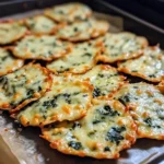 Golden-brown Spinach Dip Cheese Crisps on a cooling rack with melted cheddar tops and specks of green spinach visible throughout