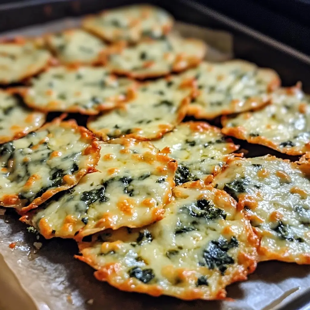Golden-brown Spinach Dip Cheese Crisps on a cooling rack with melted cheddar tops and specks of green spinach visible throughout