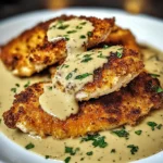 Parmesan Crusted Chicken with Creamy Garlic Sauce on a plate with fresh herbs