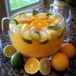 Bright, refreshing Pineapple Lemonade Punch in a clear glass with ice cubes, garnished with fresh citrus slices and mint