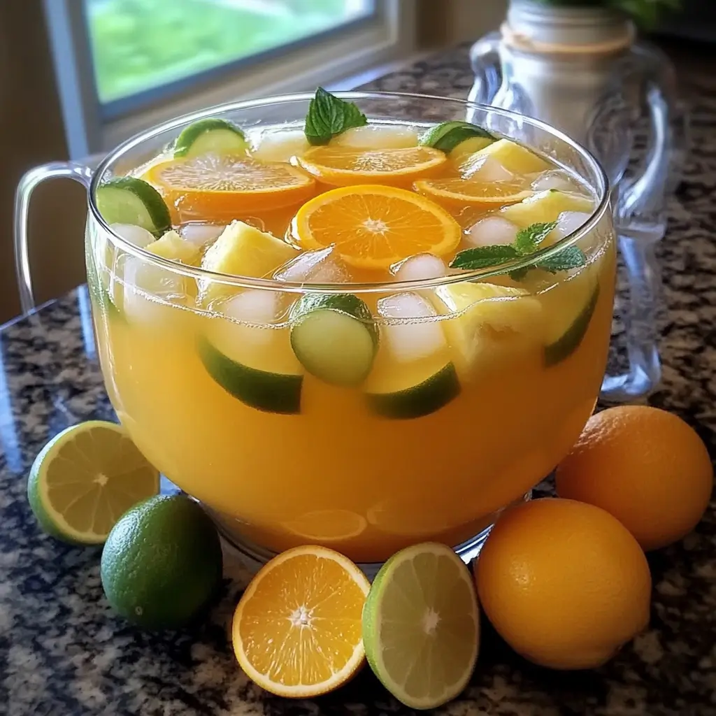 Bright, refreshing Pineapple Lemonade Punch in a clear glass with ice cubes, garnished with fresh citrus slices and mint