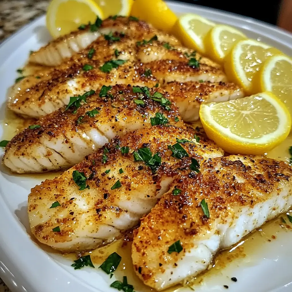 Zesty Lemon Butter Fish Fillet with golden crust and aromatic herbs